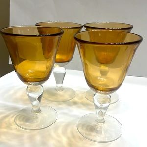 Artland Hand Blown Clear Bubble Stem Amber Wine/Water Goblets